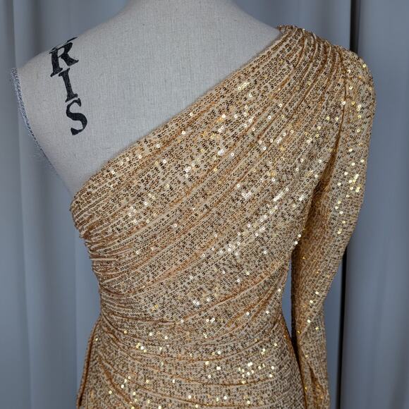IEENA for Mac Duggal Gold Sequin One Shoulder Ruched Mini Dress Size 8 - Picture 15 of 16